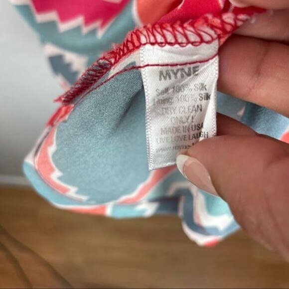 Myne 100% Silk Aztec Printed Mini Sheath Dress in Pink Red Women's Size Small - Picture 9 of 15